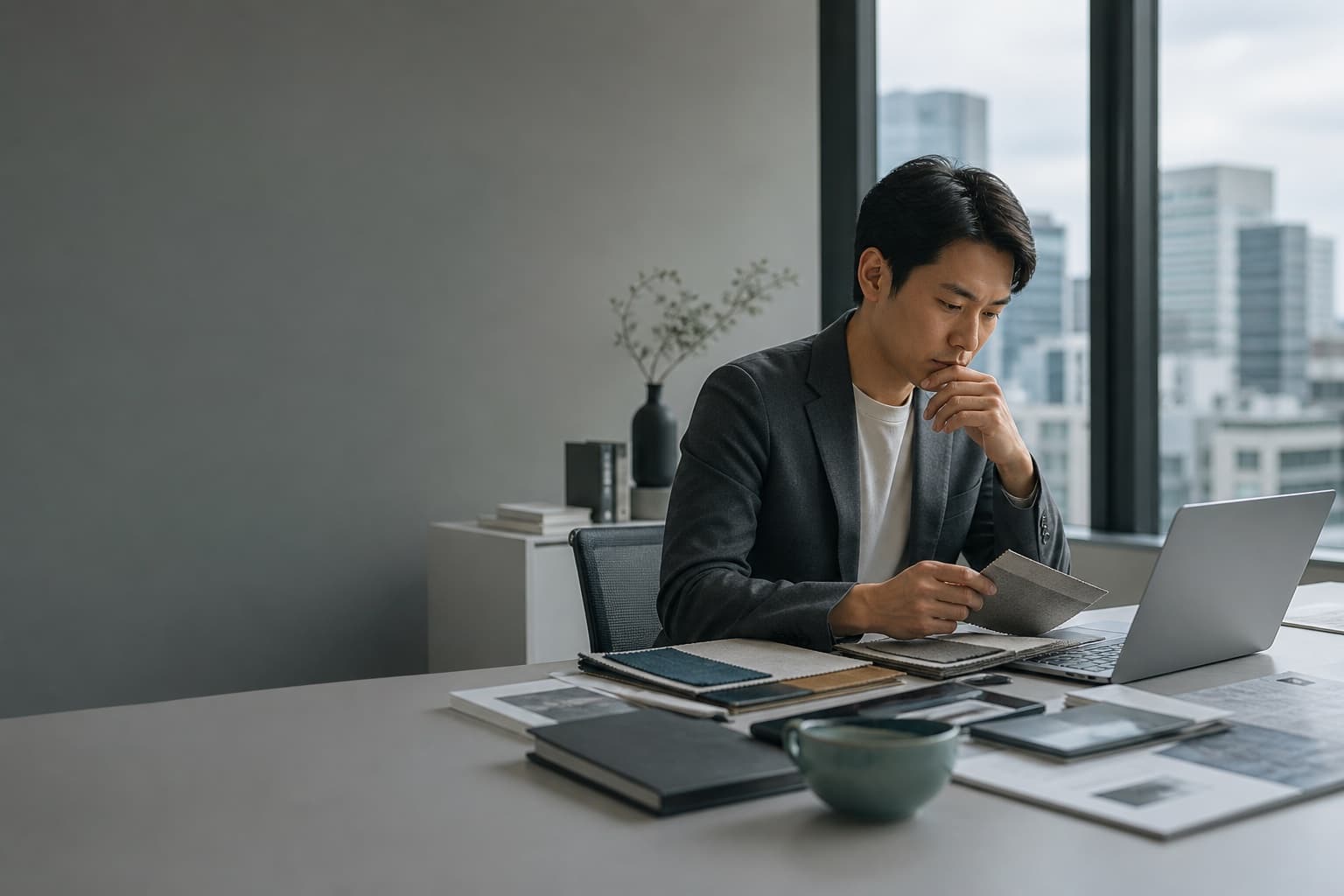 外贸企业负责人查看产品材料并研究日本市场